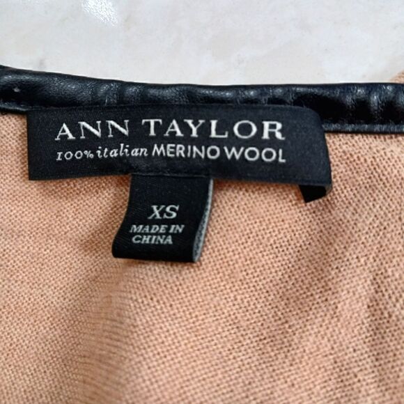 Ann Taylor Merino Wool Sweater with Faux Leather Black Trim in Camel - Picture 9 of 11